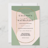 モダン幾何学的なセージグリーンとダスティピンクのウェディング 招待状 (正面)