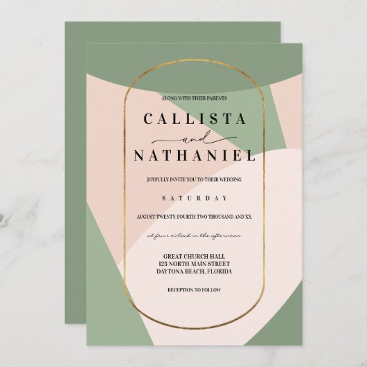 モダン幾何学的なセージグリーンとダスティピンクのウェディング 招待状 (正面/裏面)