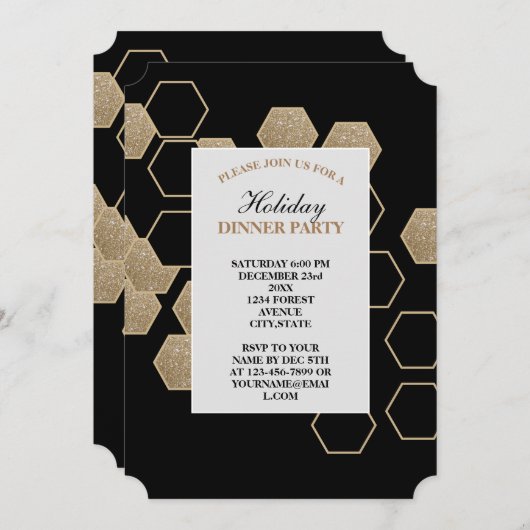 モダン幾何学的な六角形のブラックとゴールドのパーティー 招待状 (正面/裏面)