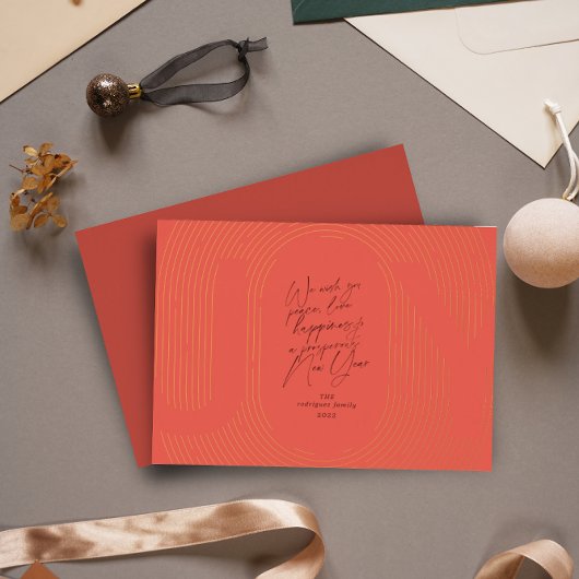 モダン幾何学的な喜びのオーバルアーチ赤と金 箔シーズンカード