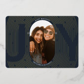 モダン幾何学的な喜び オーバル アーチ ネイビー ゴールド 箔シーズンカード (正面)