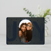 モダン幾何学的な喜び オーバル アーチ ネイビー ゴールド 箔シーズンカード (立ち正面)