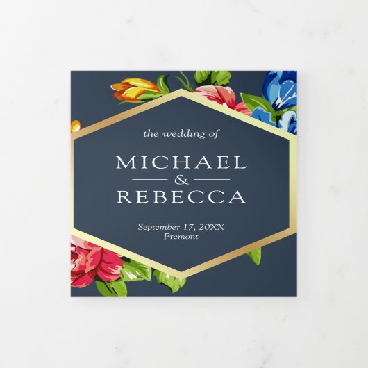 モダン幾何学鮮やか花フォトウェディング 三つ折り招待状 (カバー)
