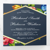 モダン幾何学鮮やか花フォトウェディング 三つ折り招待状 (内部最初)