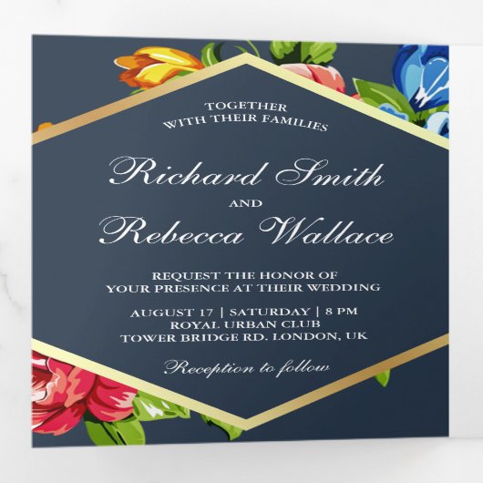 モダン幾何学鮮やか花フォトウェディング 三つ折り招待状 (内部最初)