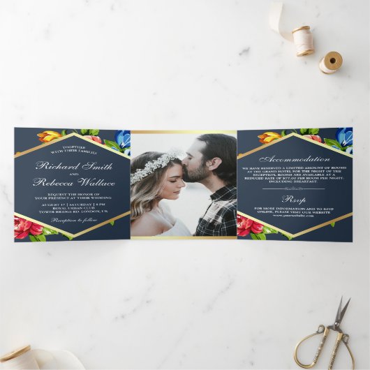 モダン幾何学鮮やか花フォトウェディング 三つ折り招待状 (内部)