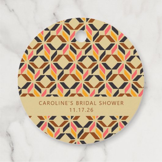 モダン幾何学 ブラック イエロー カスタム ブライダルシャワー フェイバータグ (裏面)