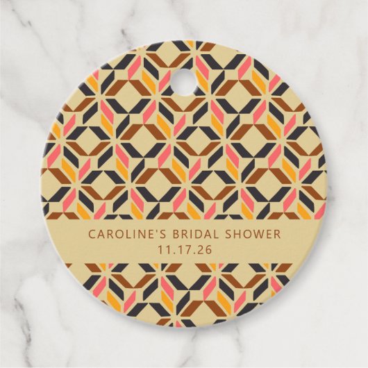 モダン幾何学 ブラック イエロー カスタム ブライダルシャワー フェイバータグ (正面)