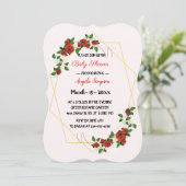 モダン幾何学 赤 花柄 グリッター ベビーシャワー 招待状 (スタンド正面)