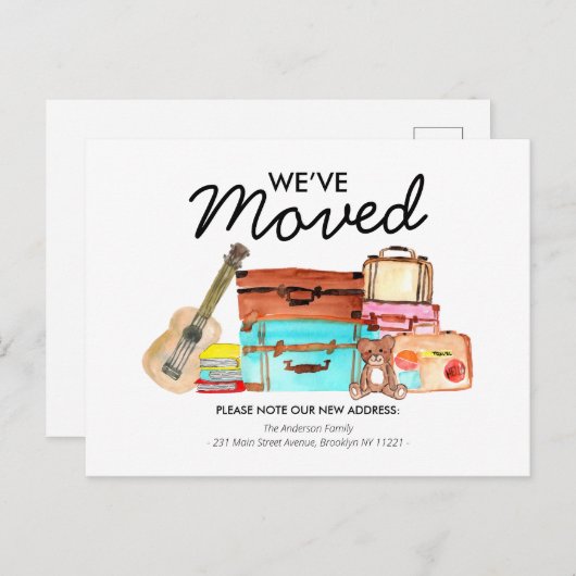 モダン引っ越しましたかわいい水彩荷物移動 案内ポストカード (正面/裏面)