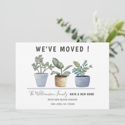 モダン引っ越しました鉢植え水彩 案内状 (スタンド正面)