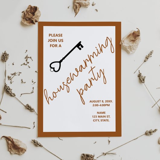 モダン引っ越し祝いパーティーパーティー招待状 |焦げたオレンジ