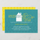 モダン引っ越し祝いパーティーパーティー青と黄 招待状 (正面/裏面)