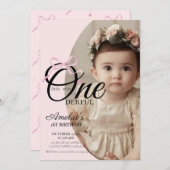 モダン恋しく思Onederful Pink Bow 1st Birthday写真 招待状 (正面/裏面)