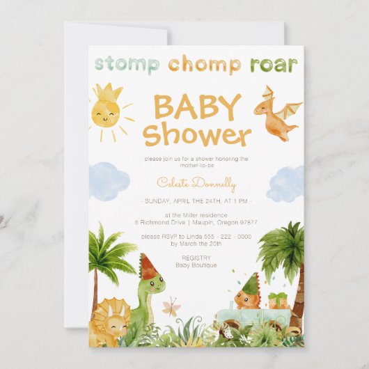 モダン恐竜の白い男女兼用赤ちゃんシャワー 招待状 (正面)