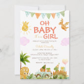 モダン恐竜ホワイト オー ベイビーガールシャワー 招待状 (正面)