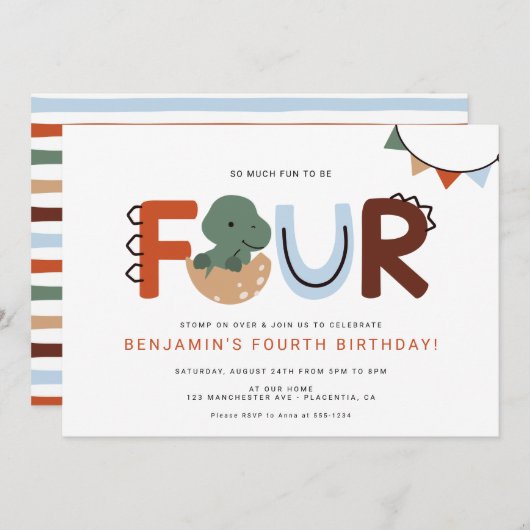 モダン恐竜 4歳誕生日パーティー 招待状 (正面/裏面)