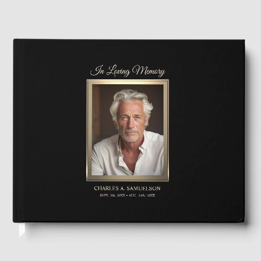 モダン悔やみや弔慰男らし金ゴールドブラック写真 ゲストブック (正面)