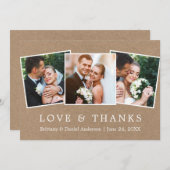 モダン感謝していシンプルラヴ3写真結婚Kraft サンキューカード (正面/裏面)
