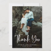 モダン感謝してい |白いスクリプトと結婚の写真 サンキューカード (正面)