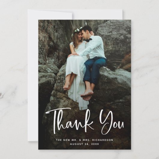 モダン感謝してい |白いスクリプトと結婚の写真 サンキューカード (正面)