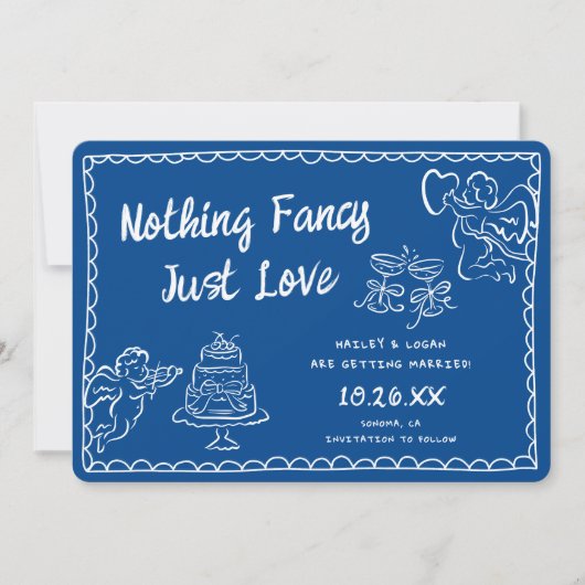 モダン手ファンキーファンシー抜きブルー結婚ズ セーブザデート (正面)