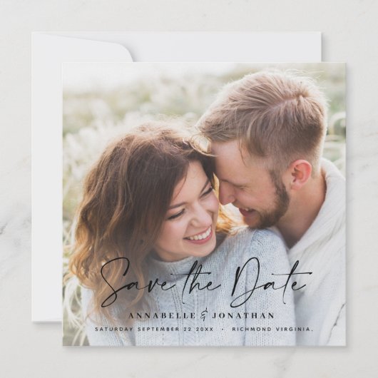 モダン手書きタイポグラフィ結婚の1枚の写真救 セーブザデート (正面)