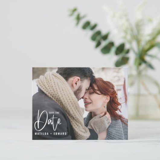 モダン手書きモノク結婚ロ写真 ポストカード (スタンド正面)