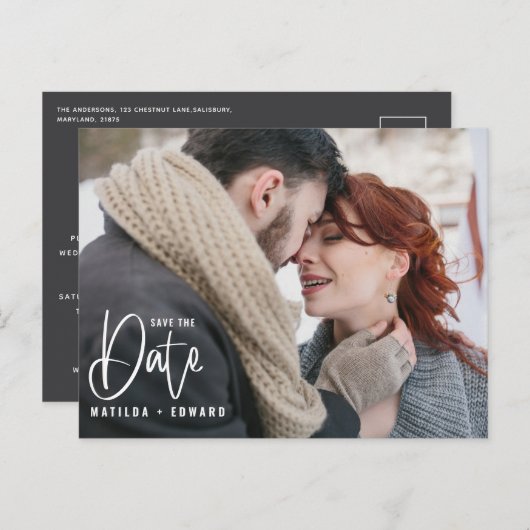 モダン手書きモノク結婚ロ写真 ポストカード (正面/裏面)