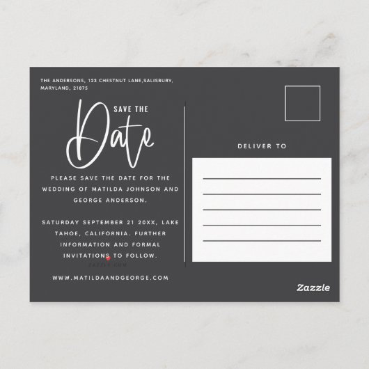 モダン手書きモノク結婚ロ写真 ポストカード (裏面)