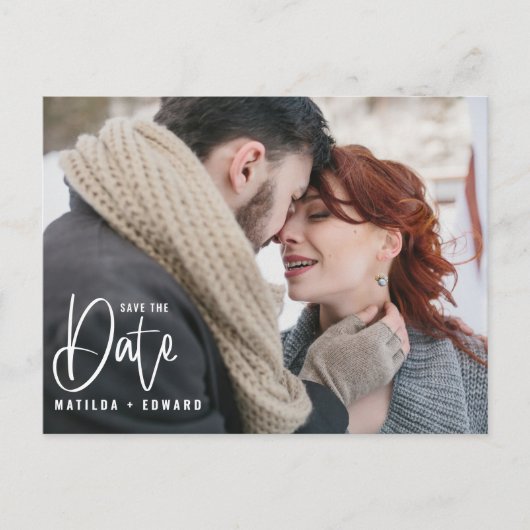 モダン手書きモノク結婚ロ写真 ポストカード (正面)