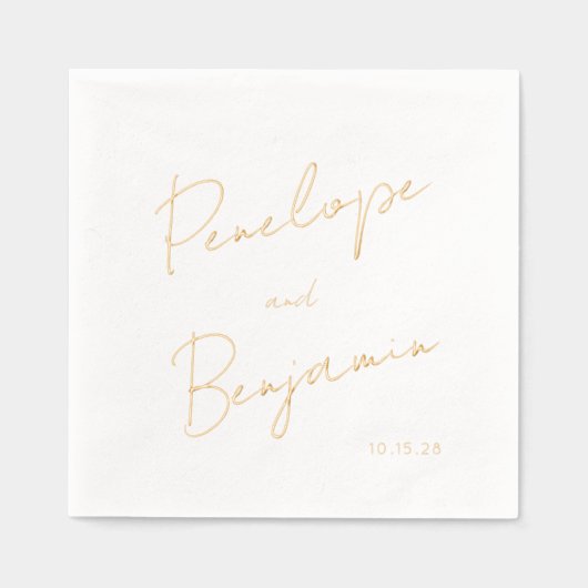 モダン手書き結婚の白と金ゴールド 箔ナプキン (正面)