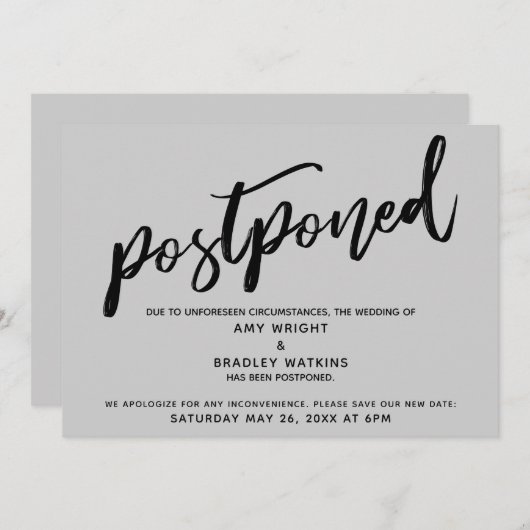 モダン手書き結婚延期の灰色のカード 招待状 (正面/裏面)