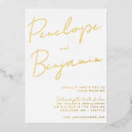 モダン手書き金ゴールドと白のスクリプ結婚ト 箔招待状