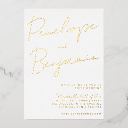モダン手書き金ゴールドと白のスクリプ結婚ト 箔招待状 (正面)
