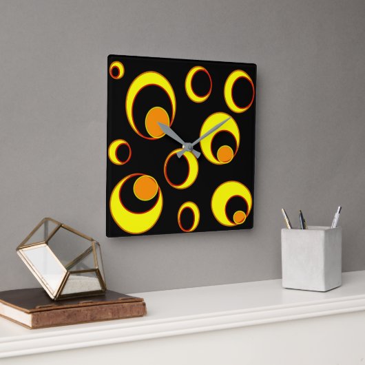 モダン抽象デザイン、黒の黄色の円 スクエア壁時計 (オフィス)