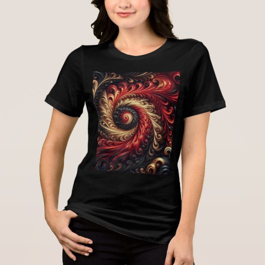 モダン抽象的スパイラル 赤・黒・金 トライブレンドTシャツ (正面)