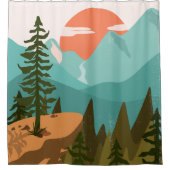 モダン抽象芸術の森、山、日の出 シャワーカーテン (正面)