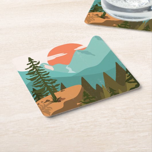 モダン抽象芸術の森、山、日の出 スクエアペーパーコースター (アングル)