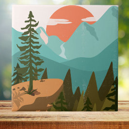 モダン抽象芸術の森、山、日の出 タイル