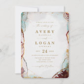 モダン抽象芸術の水の色(ワイン&金ゴールド結婚) 招待状 (正面)