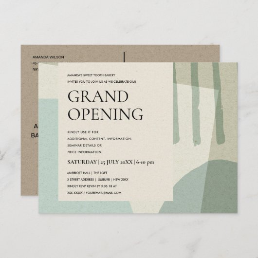 モダン抽象芸術アカッコいいートアクアブルーグランドオープン 案内ポストカード (正面/裏面)