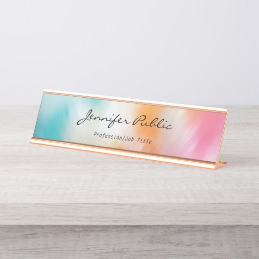 モダン抽象芸術アートの手書きスカラフルクリプトバラ金ゴールド デスクネームプレート (正面)