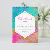 モダン抽象芸術アートピンクティール(緑がかった色)金ゴールドブライダルシャワー 招待状 (スタンド正面)