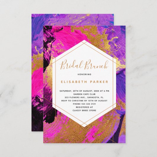 モダン抽象芸術アートピンクパープル金ゴールドブライダルシャワー 招待状 (正面/裏面)