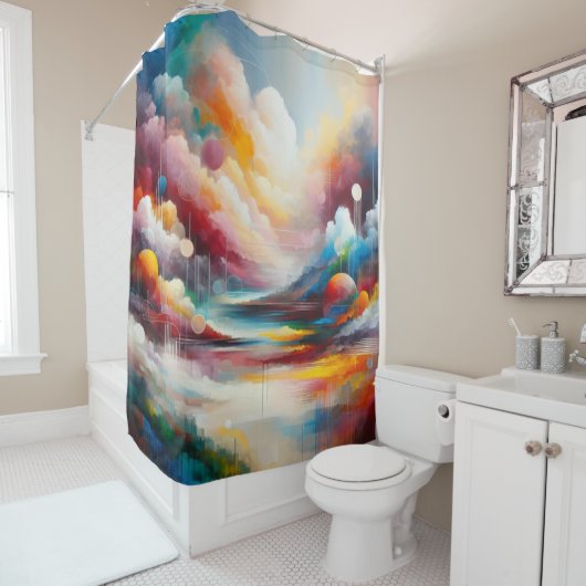 モダン抽象芸術アートランドスケープ赤ブルーグリーン シャワーカーテン (インサイチュ)