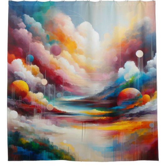 モダン抽象芸術アートランドスケープ赤ブルーグリーン シャワーカーテン (正面)