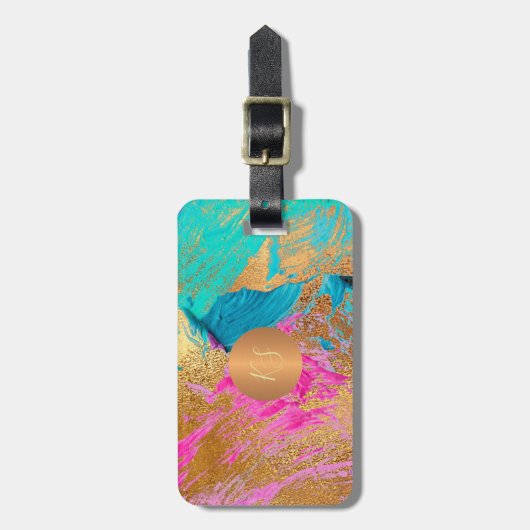 モダン抽象芸術ア絵を描ート銅金ゴールドモノグラム ラゲッジタグ (正面縦)