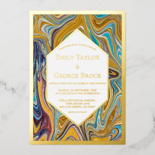 モダン抽象芸術ア絵画ートリッ結婚ク金ゴールド 箔招待状 (正面)