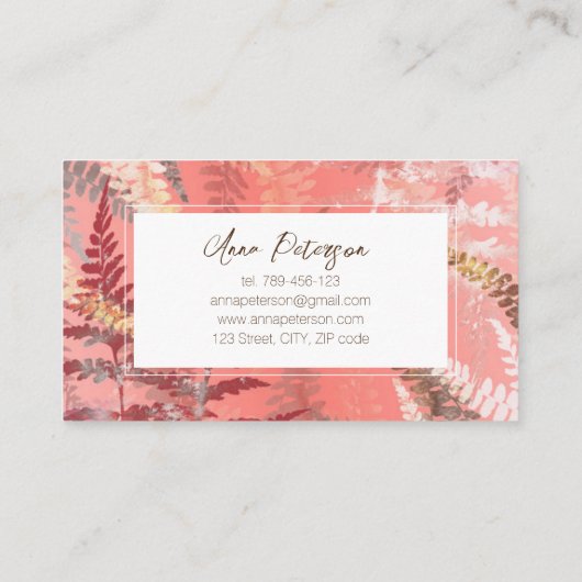 モダン抽象芸術エレガントコーラルピンクシダの葉 名刺 (裏面)
